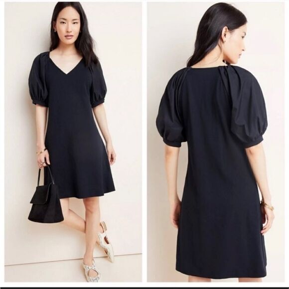 Anthropologie Maeve Annika Black Puffy Balloon Sleeve Dress Minimalist Modern - Picture 4 of 16
